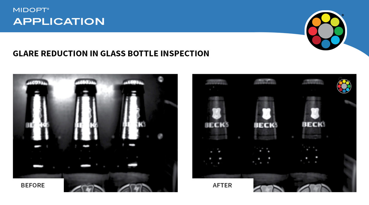 Zníženie odlesku pri kontrole sklenených fliaš -